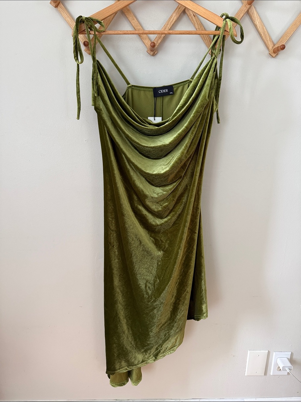 CIDER Green Velvet Cowl Neck Tie Shoulder Midi Dress 2XL NWT olive moss green